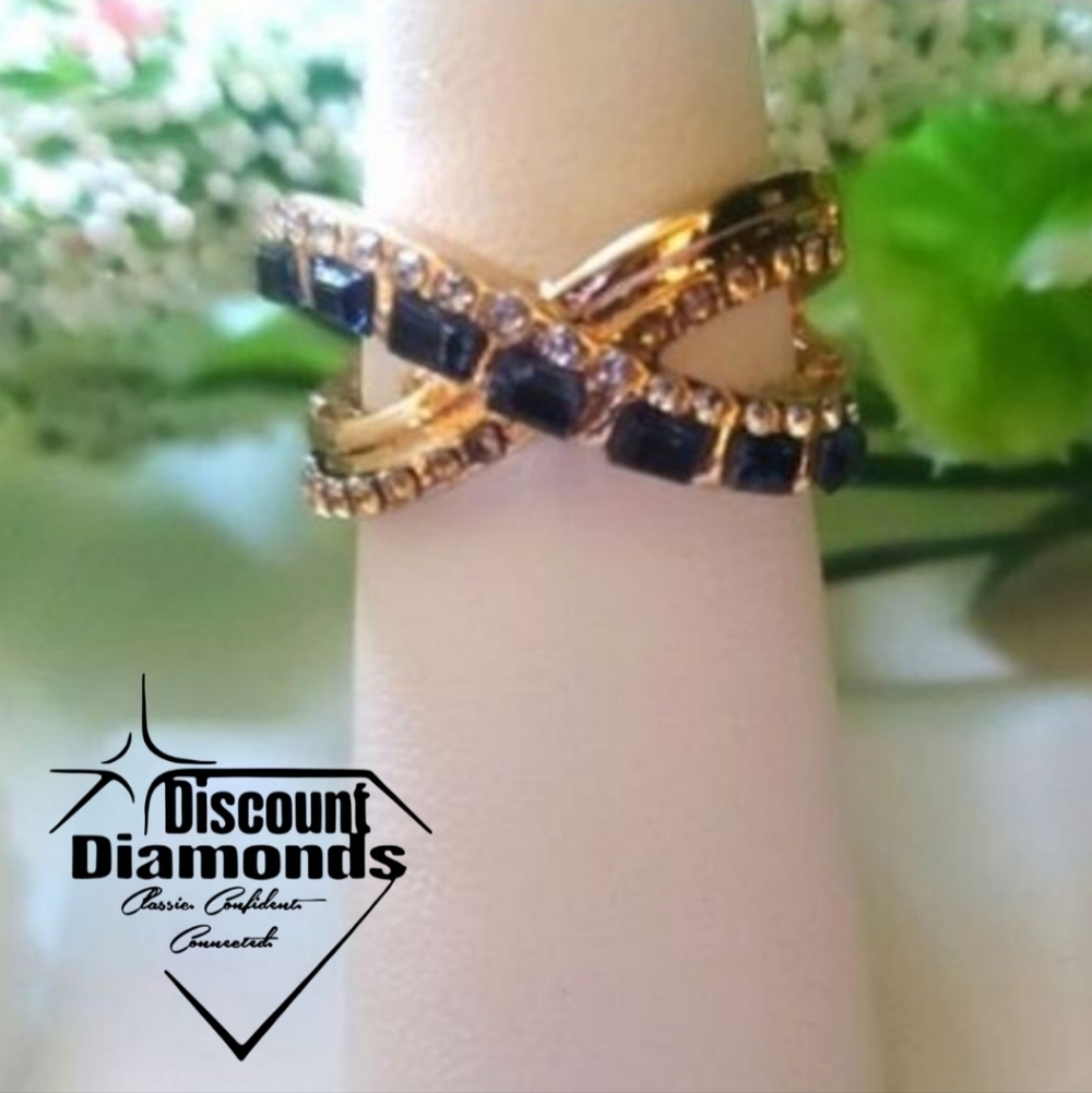 Blue Sapphires & Clear White Diamonds Cocktail Ring on 18K Gold over 925 Silver